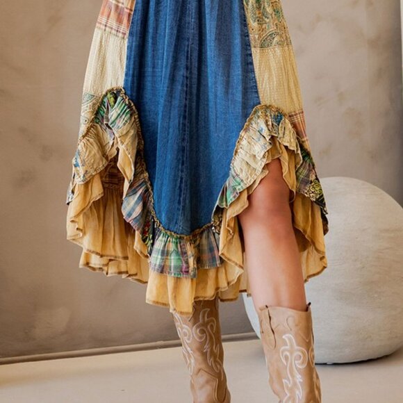 #201 Boho Denim Pattern Ruffle Midi Skirt - Picture 7 of 7